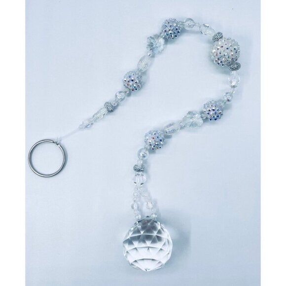 Beaded Suncatcher White & Clear Crystal Prism Hanging Patio Decor Yard Art - Picture 2 of 10